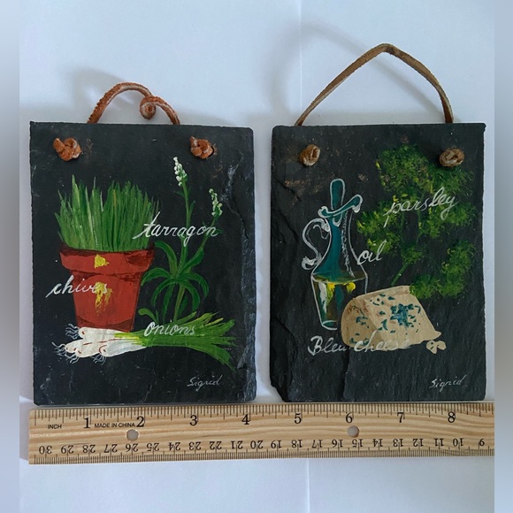 Vintage black slate wall art Herbs Hand Painted plaque set Sigrid Schmidt MCM - Picture 3 of 9